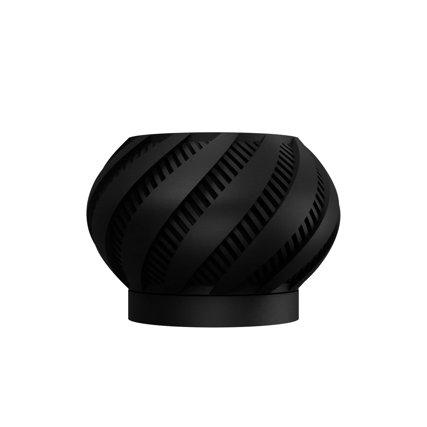 Pot décoratif noir mat avec surface texturée en spirales creusées, forme arrondie et base plate.