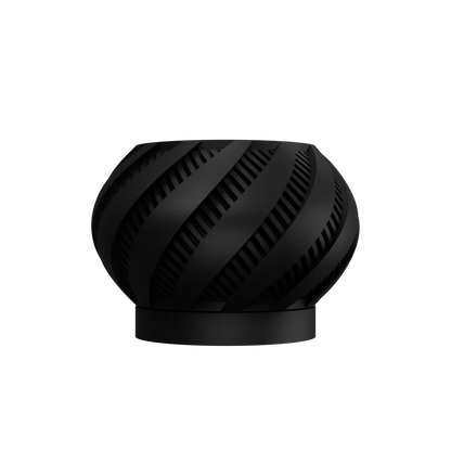 Pot décoratif noir mat avec surface texturée en spirales creusées, forme arrondie et base plate.