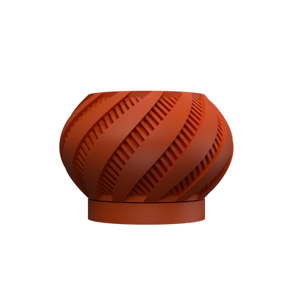 Pot décoratif rond en terre cuite rouge brique avec rainures en spirale sculptées et base plate stable.