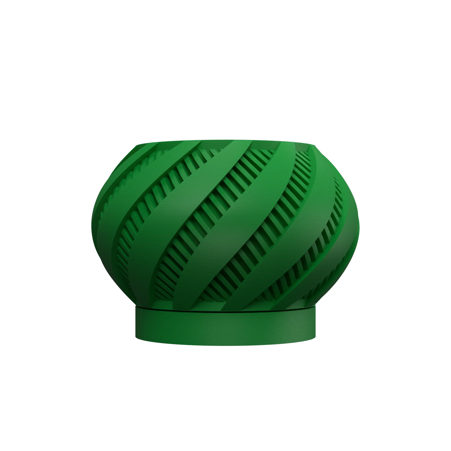 Pot décoratif vert vif en forme sphérique aplatie avec motifs de rainures diagonales en spirale, base circulaire légèrement.