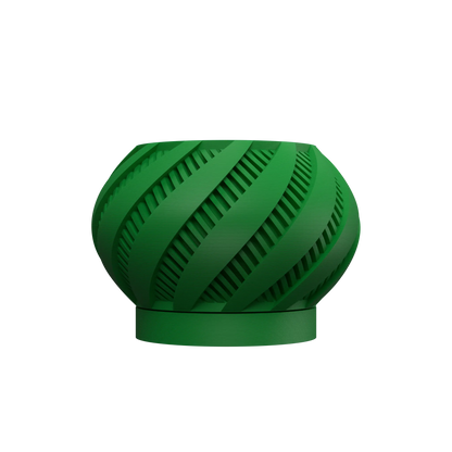 Pot décoratif vert vif en forme sphérique aplatie avec motifs de rainures diagonales en spirale, base circulaire légèrement.