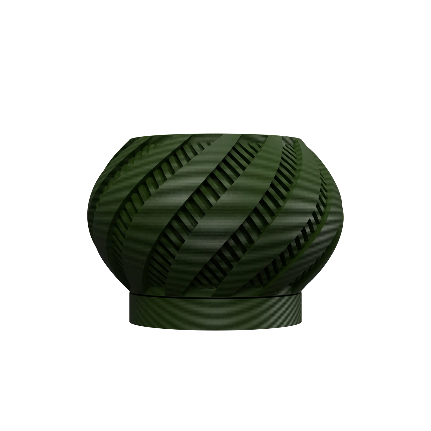 Pot décoratif vert foncé en matériau moderne, forme ronde avec rainures diagonales ajourées, base cylindrique plate.