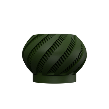 Pot décoratif vert foncé en matériau moderne, forme ronde avec rainures diagonales ajourées, base cylindrique plate.