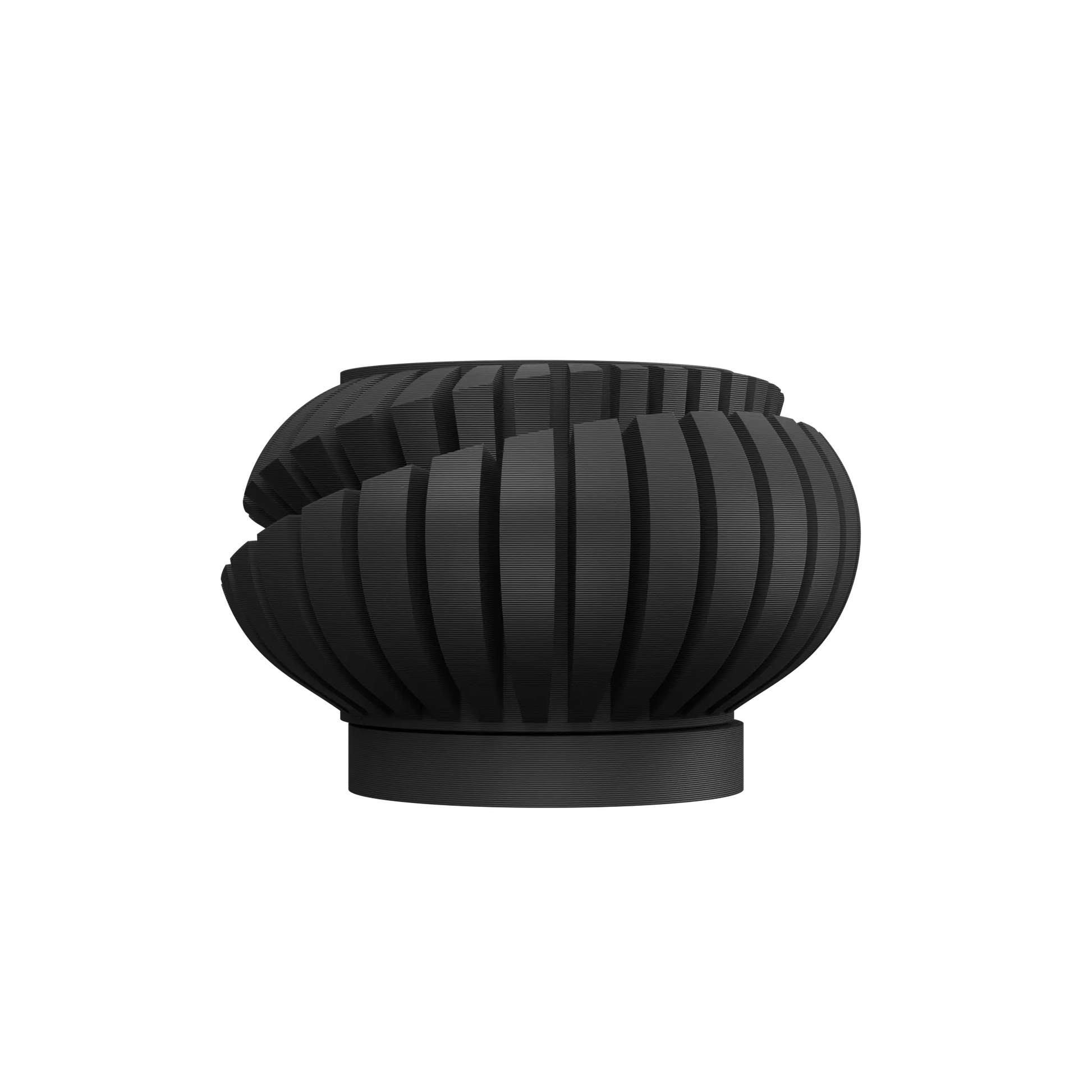 Pot décoratif Luxira noir mat en métal avec design moderne en lames incurvées, forme ronde et socle plat.