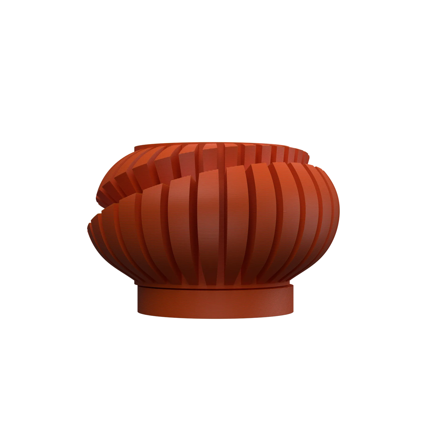 Pot décoratif rond de couleur terracotta avec surface composée de fines rainures verticales, base légèrement surélevée et.