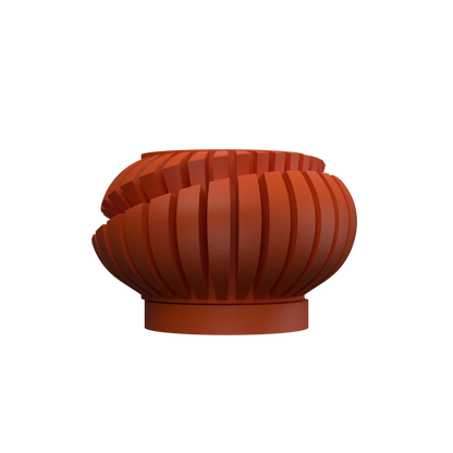Pot décoratif rond de couleur terracotta avec surface composée de fines rainures verticales, base légèrement surélevée et.
