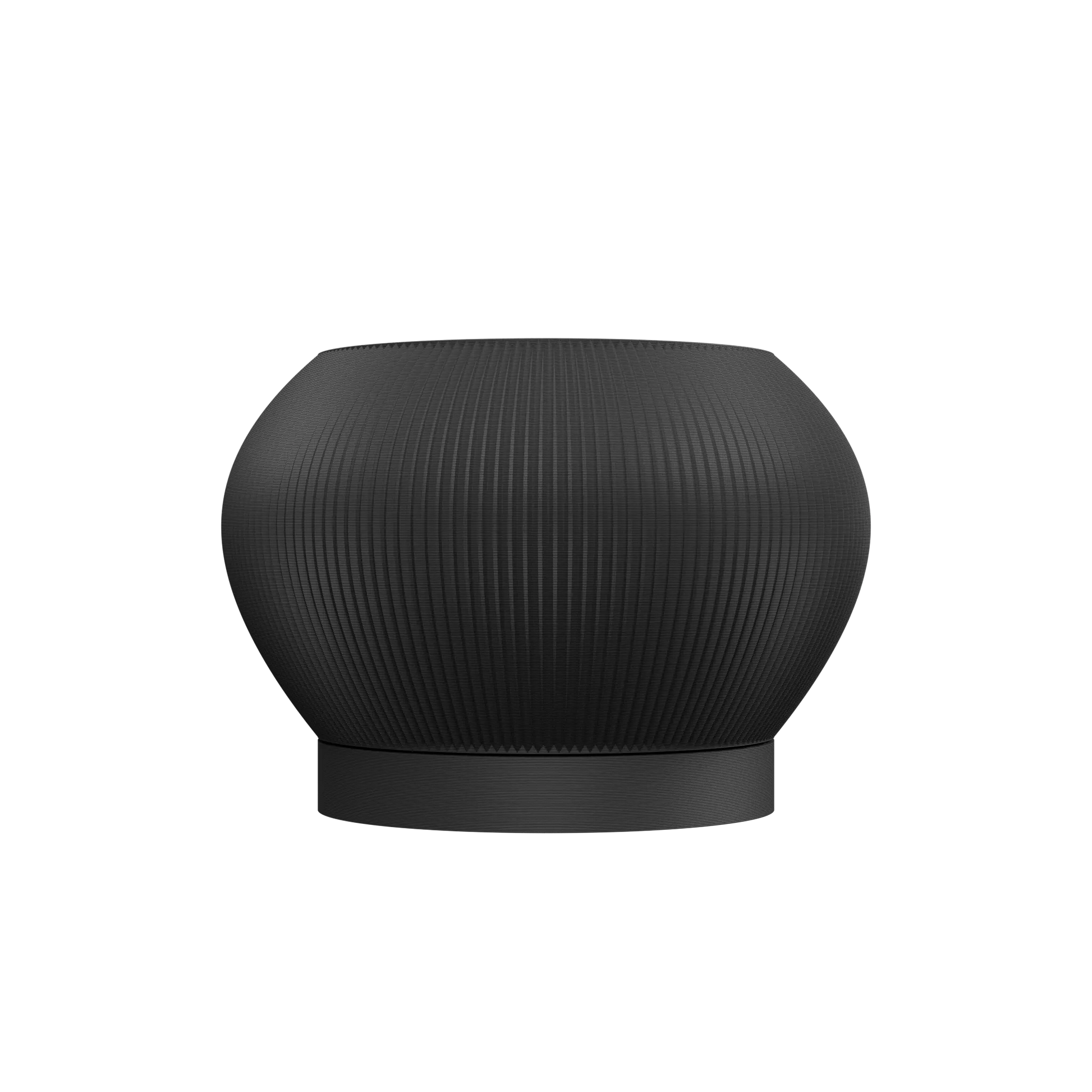 Pot décoratif noir mat en plastique, forme ronde et bombée avec surface striée verticale, base plate légèrement surélevée.