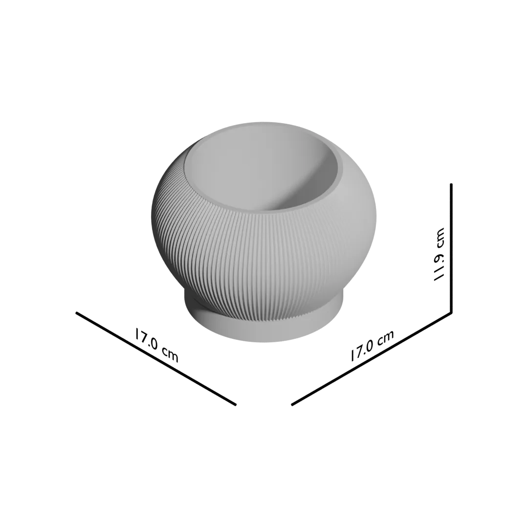 Pot décoratif gris clair en forme sphérique avec texture striée verticale et ouverture ovale sur le dessus.