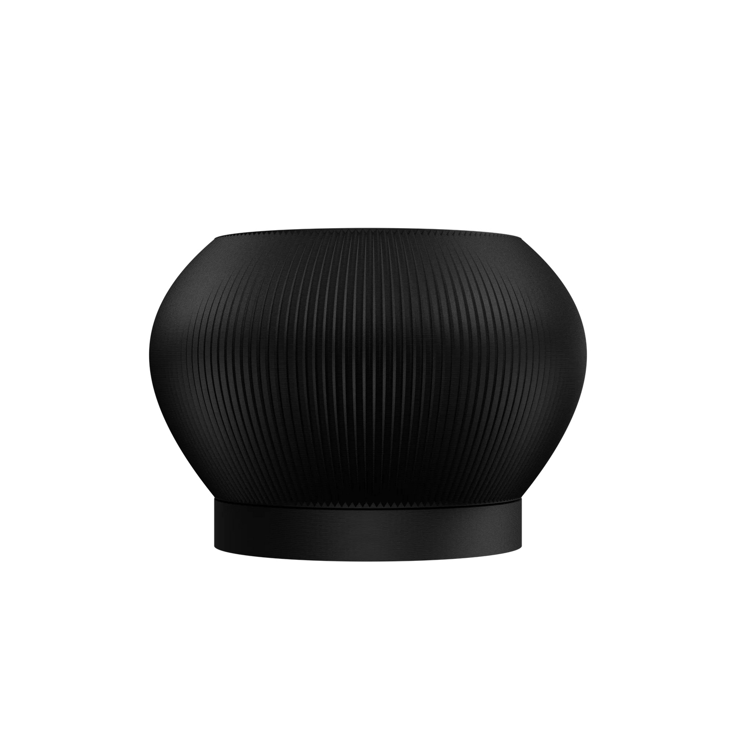 Pot décoratif noir mat avec forme arrondie large, texture nervurée verticale et base plate compacte.