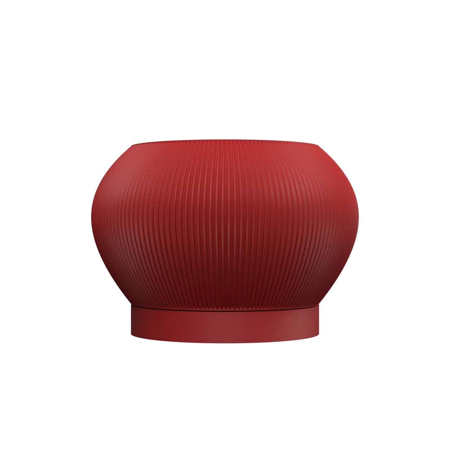 Pot décoratif rond en rouge profond avec surface texturée et base légèrement surélevée, style moderne.