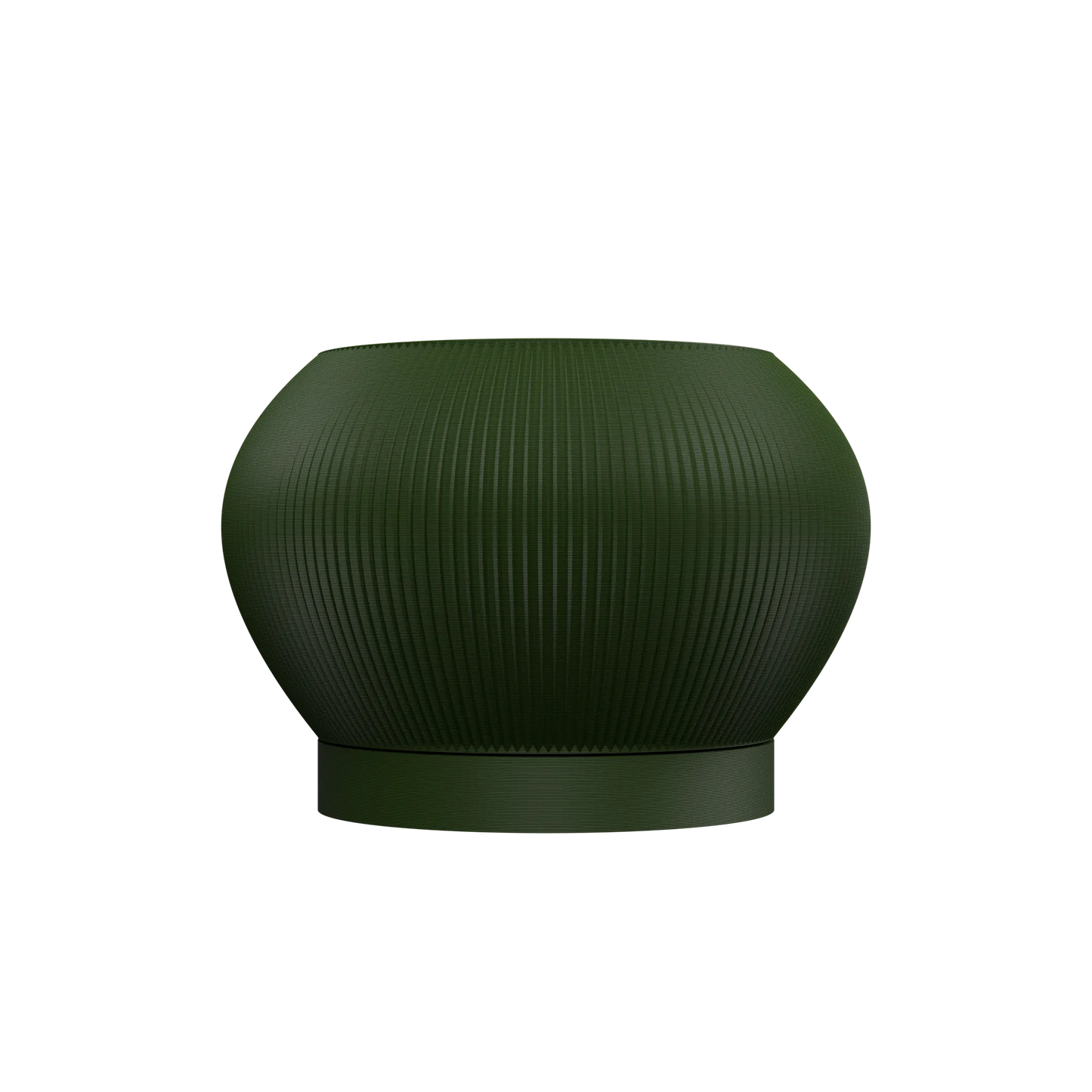 Pot décoratif rond vert foncé avec texture striée verticale et base plate légèrement surélevée.