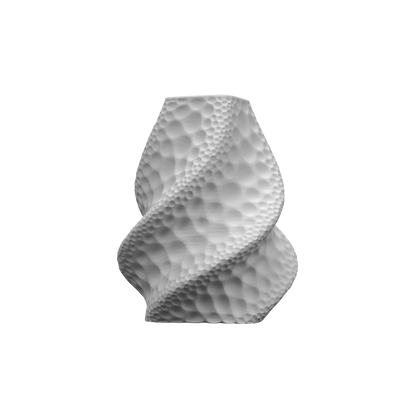 Vase blanc mat avec surface texturée en relief ondulée et finition étanche, forme moderne et sculpturale en spirale.