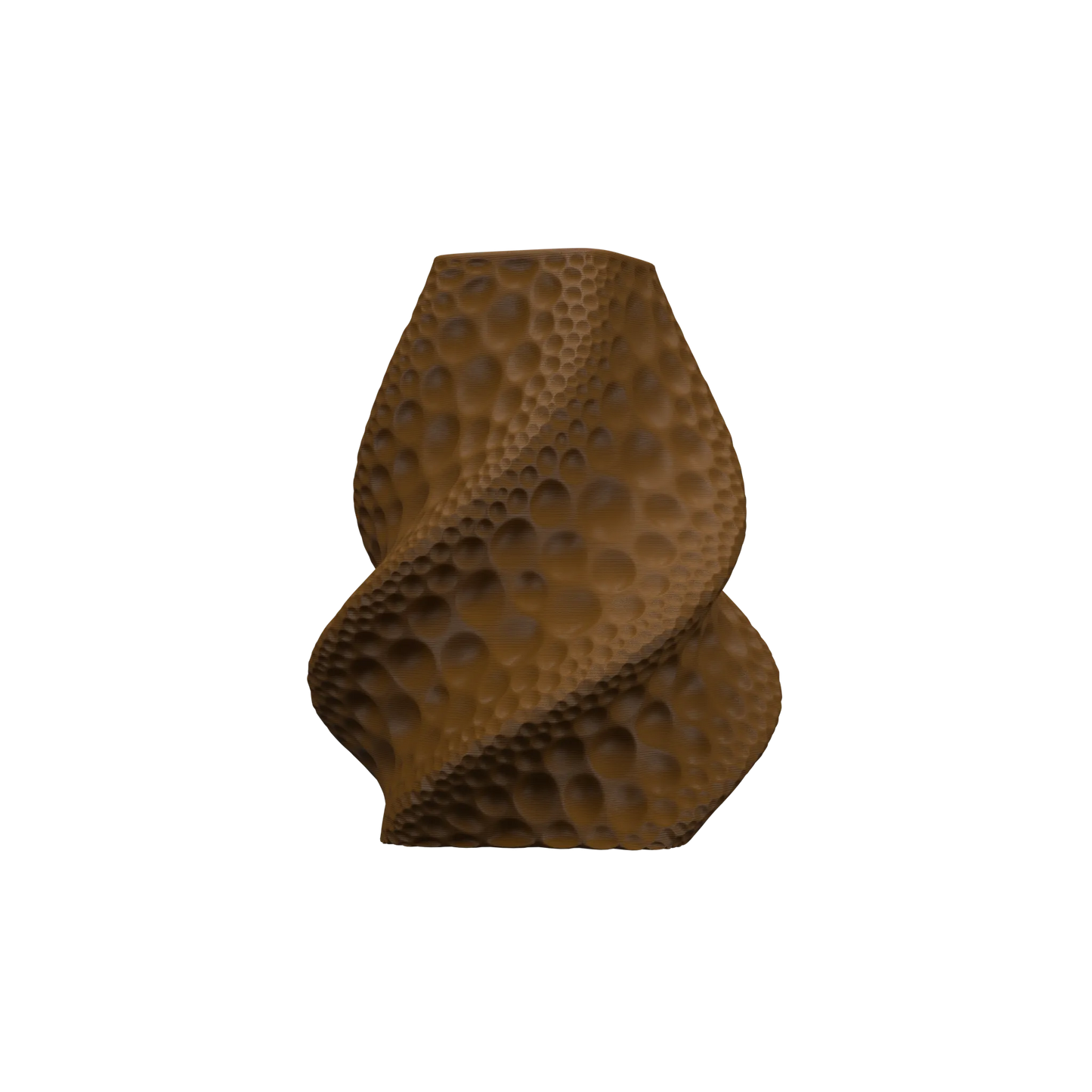 Vase moderne marron à surface texturée en relief, forme ronde torsadée avec motifs de bulles en spirale.