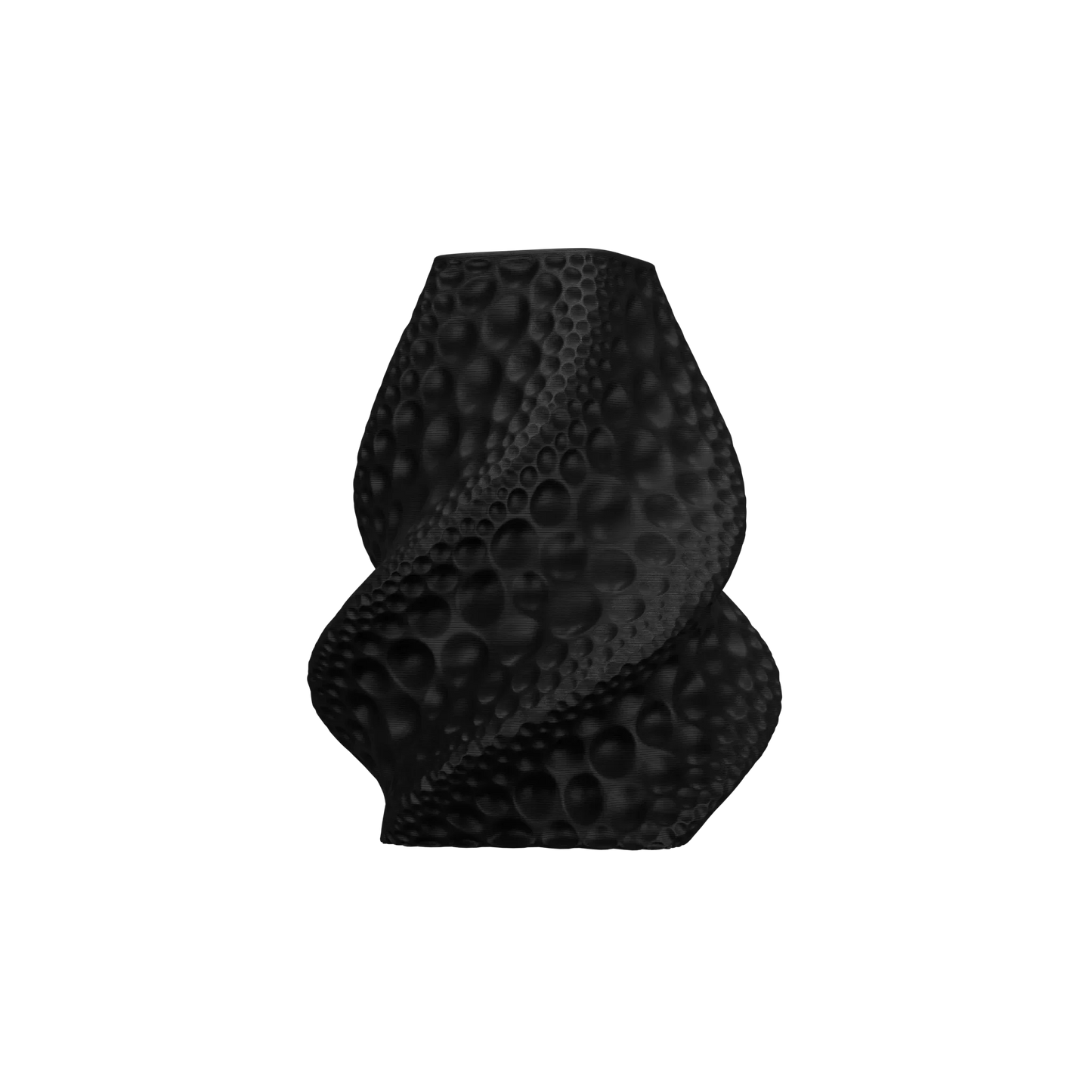 Vase noir mat en forme de spirale avec texture en relief de bulles, design moderne et étanche.
