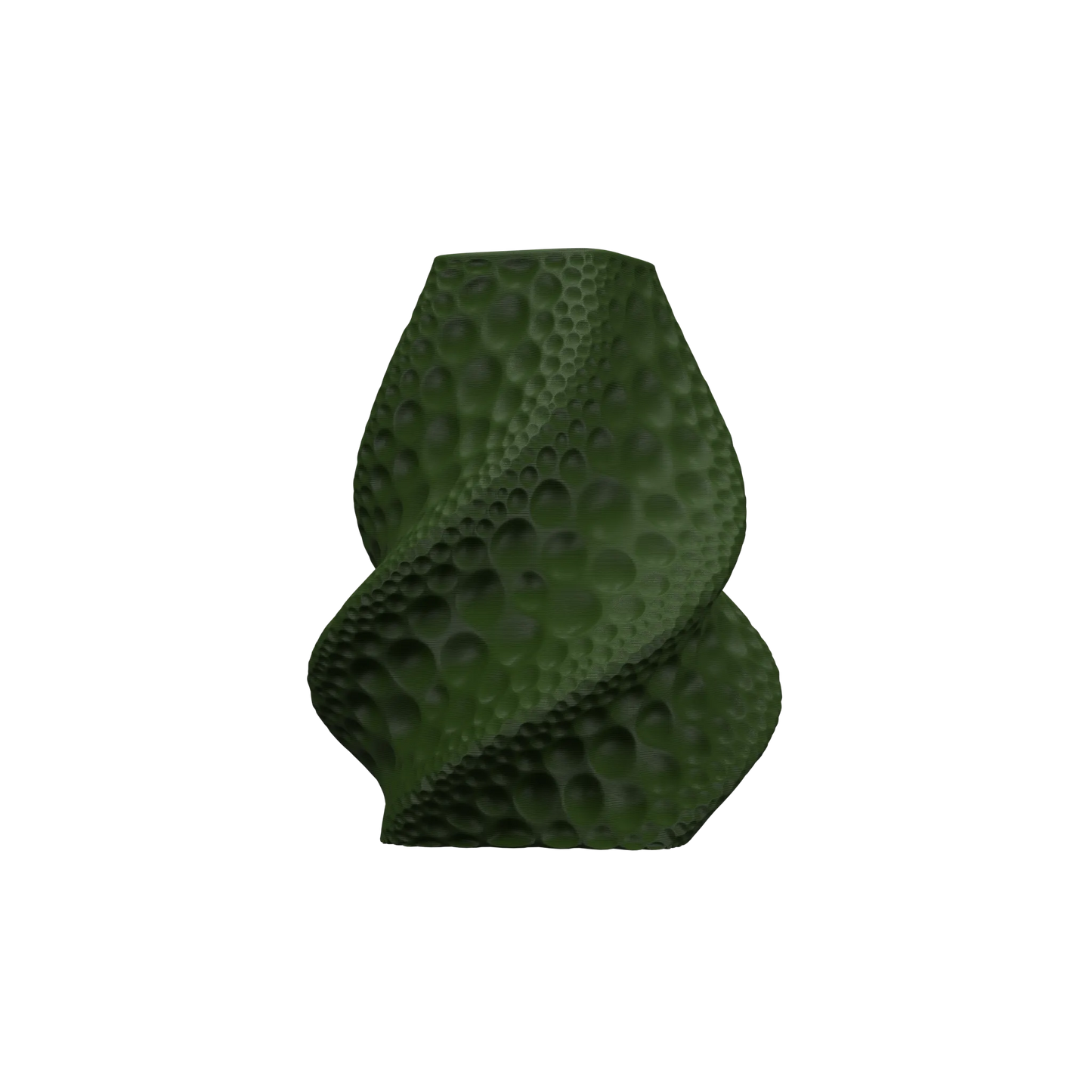 Vase vert foncé en forme de spirale organique avec texture en relief de petits cercles, surface mate, design moderne et.