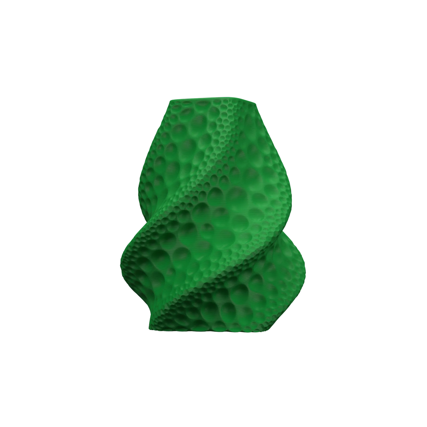 Vase vert en forme de spirale texturée avec motifs de bulles en relief, design moderne et étanche.