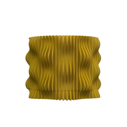 Pot décoratif jaune moutarde en matériau durable avec un design contemporain ondulé et texturé.