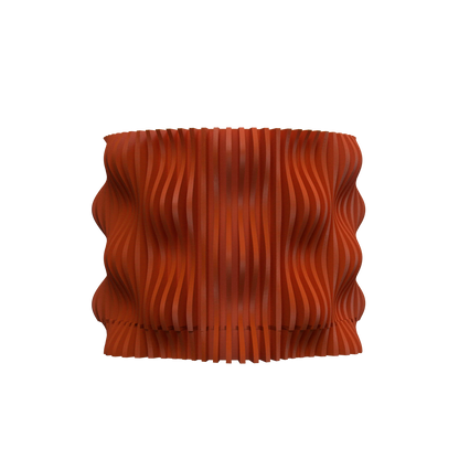 Pot décoratif orange en matériau durable avec design contemporain ondulé et formes sculptées en relief.