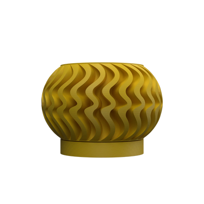 Pot décoratif jaune moutarde en matériau durable avec motifs ondulés en relief, design contemporain.