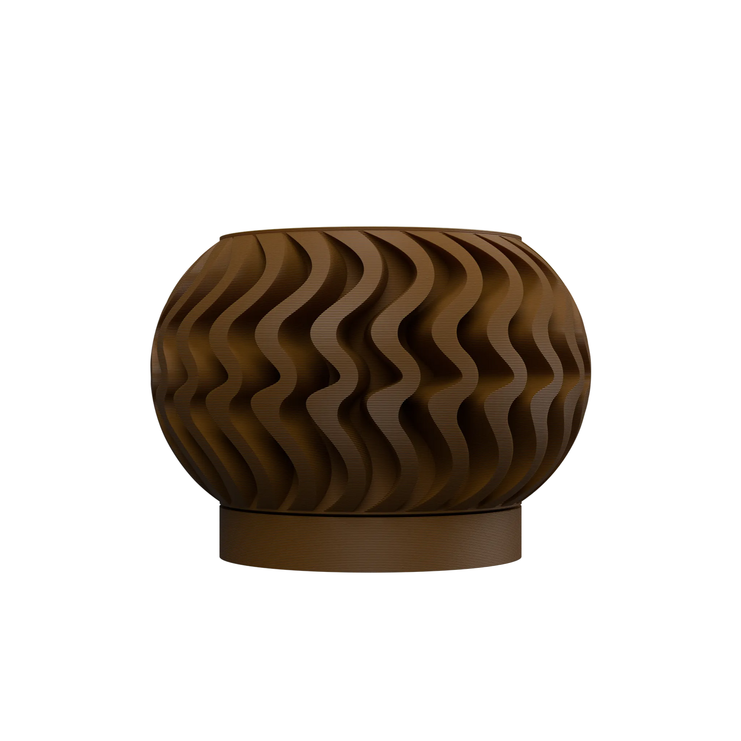 Pot décoratif marron en matériau durable avec motif ondulé en relief, design contemporain et forme ronde légèrement aplatie.