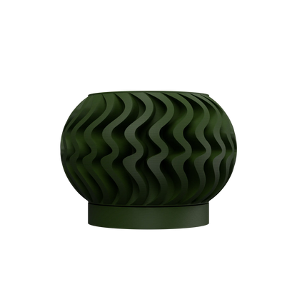 Pot décoratif vert forêt en matériau durable avec design contemporain en ondulations sculptées.