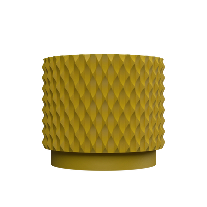 Pot décoratif jaune moutarde en matériau durable avec surface texturée en relief au design contemporain.