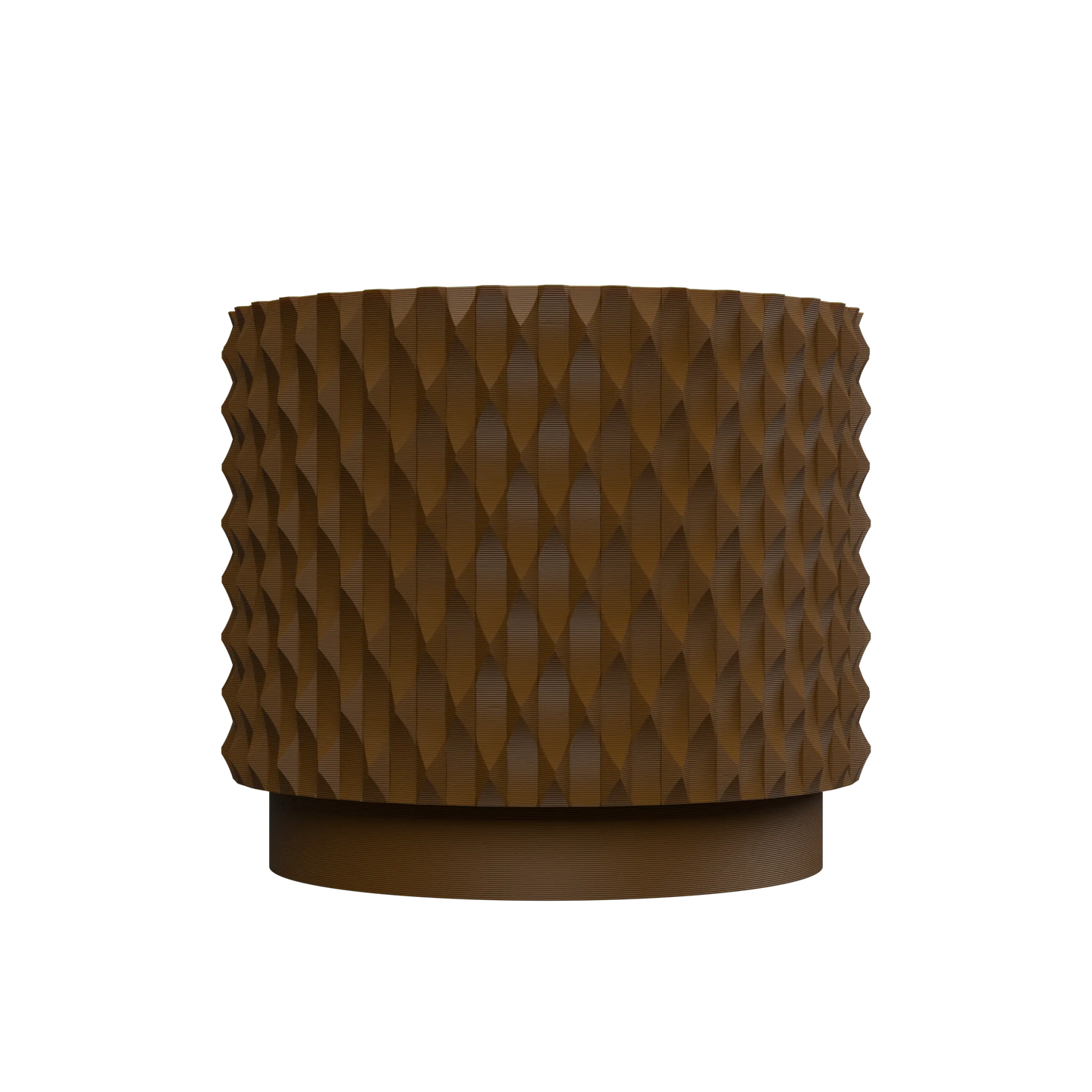 Pot décoratif marron en matériau durable avec surface texturée en chevrons, design contemporain robuste.
