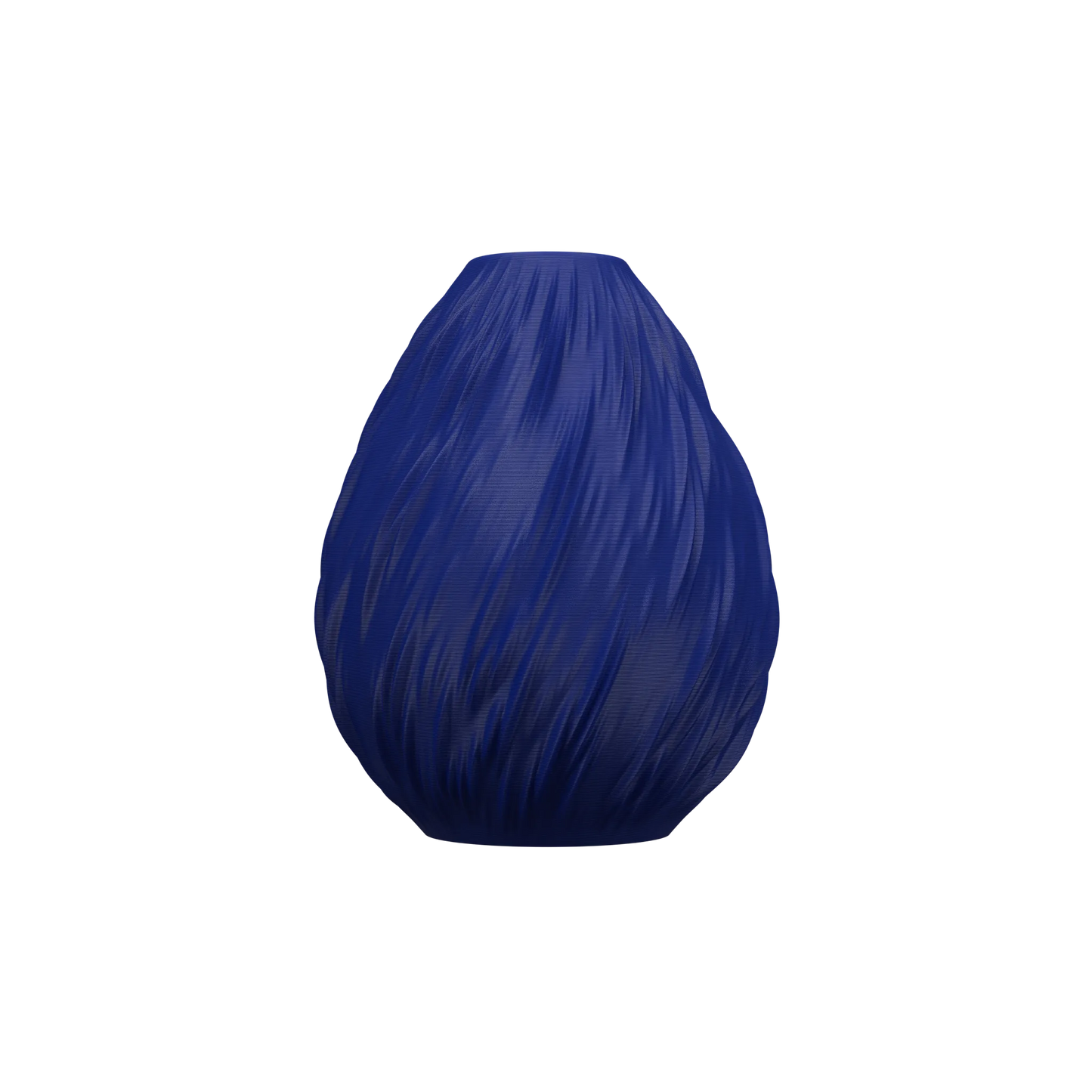 Vase bleu profond en plastique texturé avec finitions ondulées, forme arrondie et étanche, design contemporain.