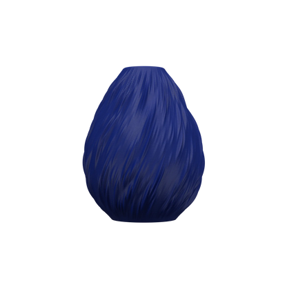 Vase bleu profond en plastique texturé avec finitions ondulées, forme arrondie et étanche, design contemporain.