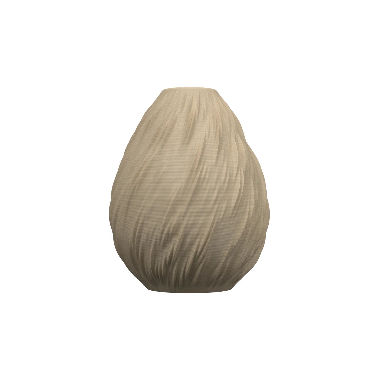 Vase gris beige mat en forme de goutte avec surface texturée imitant des ondulations élégantes.