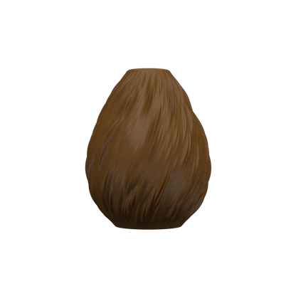 Vase marron en forme de goutte avec texture nervurée rappelant des gouttes de pluie, finition mate et surface humidifiable.