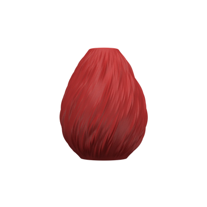 Vase moderne rouge à forme ovoïde avec texture ondulée imitant des gouttes de pluie, surface mate et étanche.