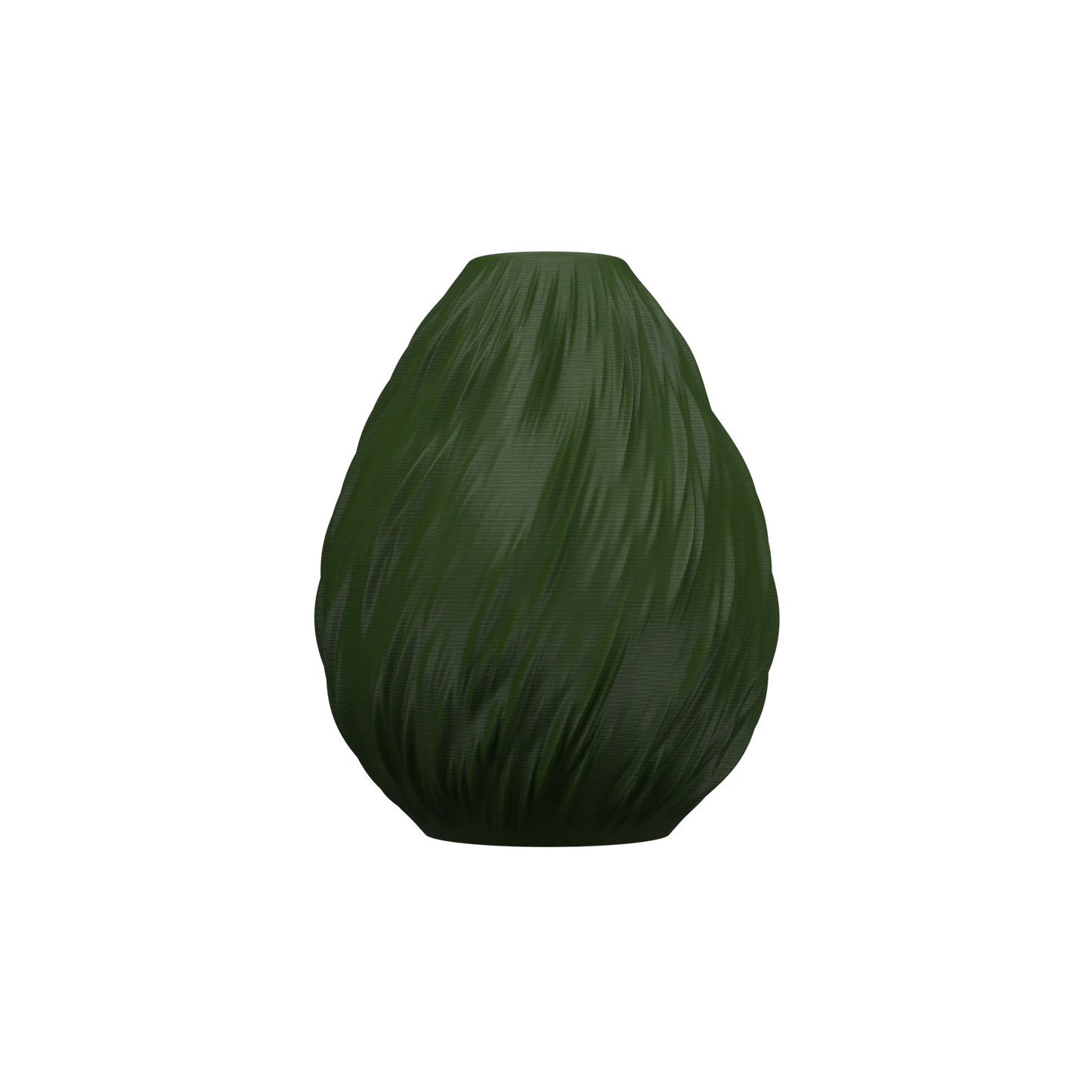 Vase vert foncé mat avec surface texturée ondulée imitant des gouttes de pluie, forme arrondie effilée vers le haut, design.