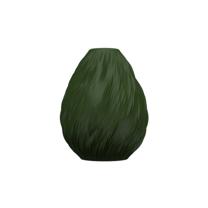 Vase vert foncé mat avec surface texturée ondulée imitant des gouttes de pluie, forme arrondie effilée vers le haut, design.