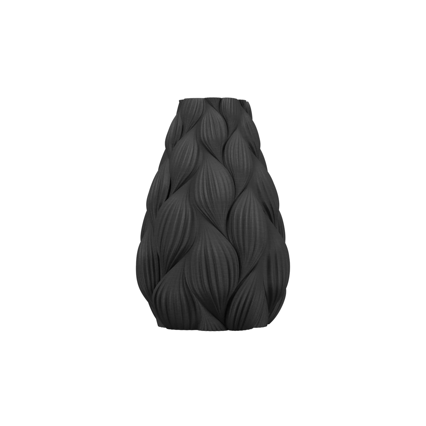 Vase noir mat avec texture ondulée en relief rappelant des feuilles emboîtées, forme évasée vers le haut, style moderne et.