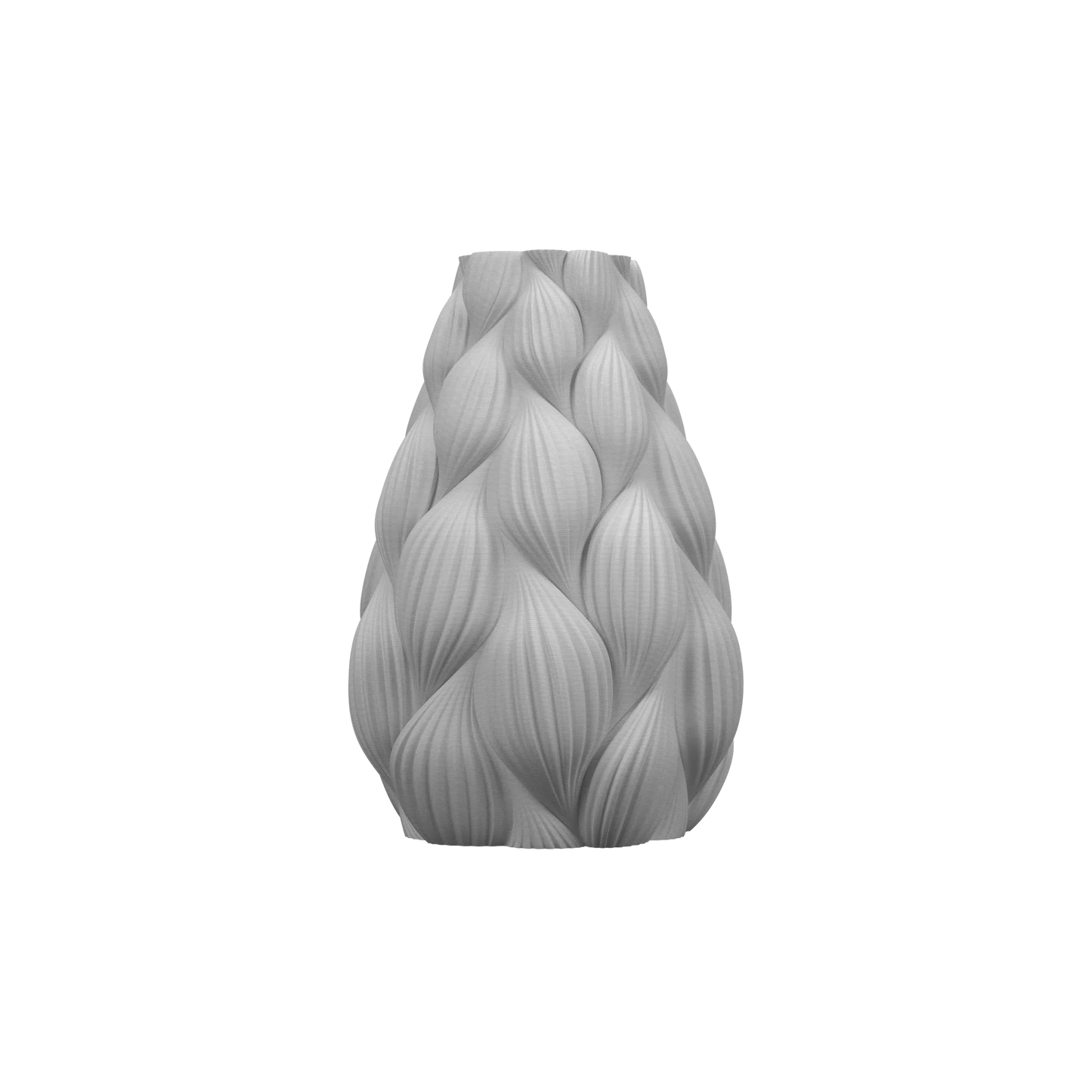 Vase gris clair étanche avec surface en relief ondulée, forme conique arrondie, design moderne et texturé.