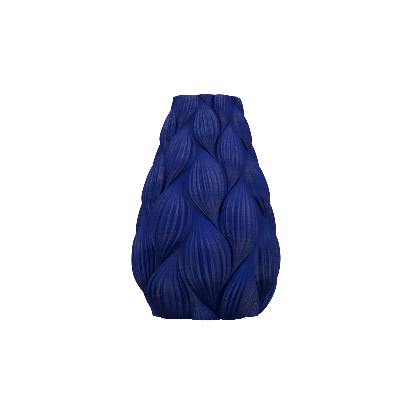 Vase bleu marine mat avec texture ondulée en relief imitant des feuilles stylisées, forme élancée et étanche.