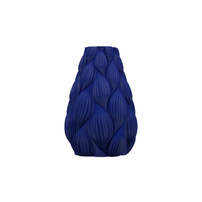Vase bleu marine mat avec texture ondulée en relief imitant des feuilles stylisées, forme élancée et étanche.