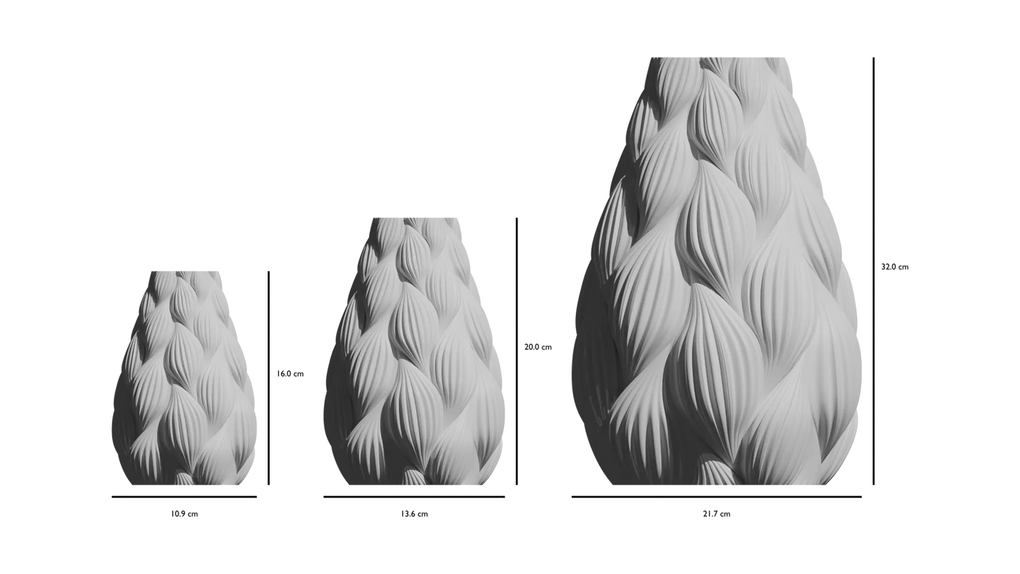 Vases modernes étanches blancs avec texture ondulée en relief, dégradé de petite à grande taille, forme arrondie effilée.