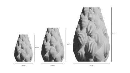 Vases modernes étanches blancs avec texture ondulée en relief, dégradé de petite à grande taille, forme arrondie effilée.