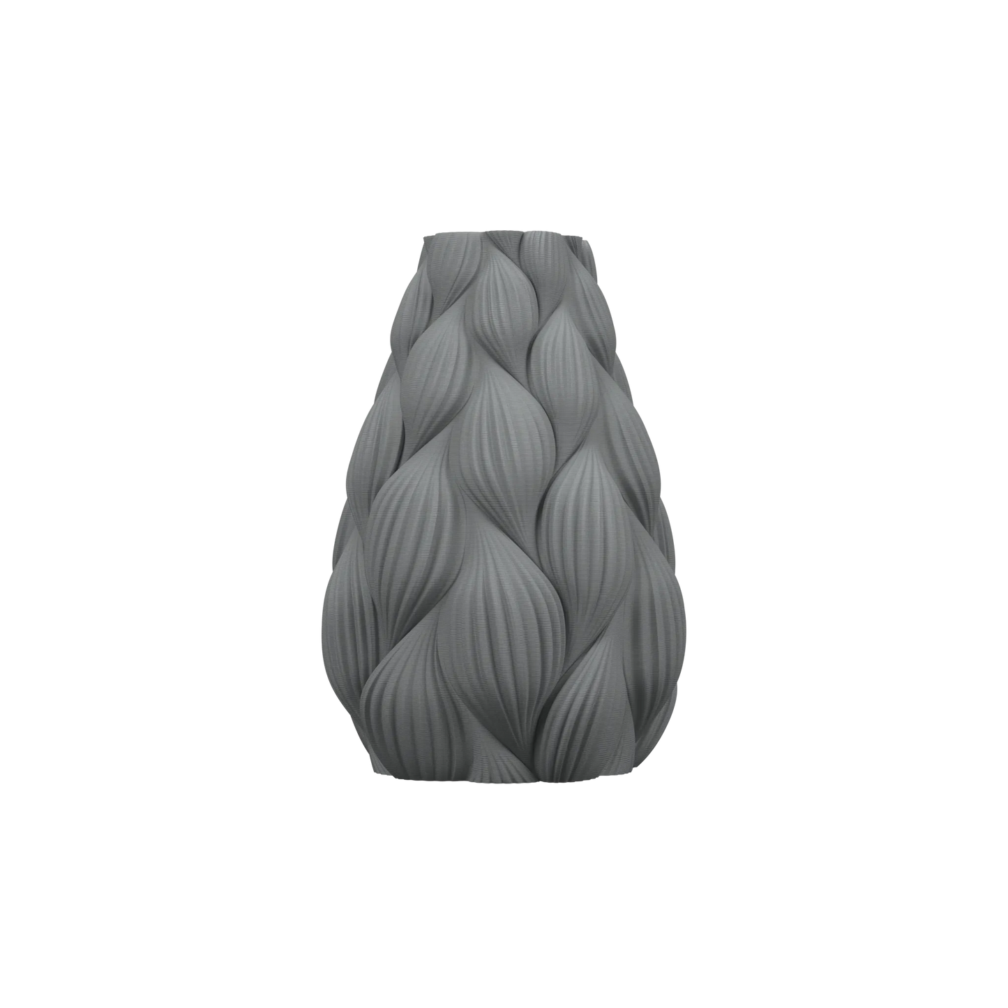 Vase gris mat avec texture ondulée en relief et forme élancée légèrement évasée vers le haut, design moderne et étanche.