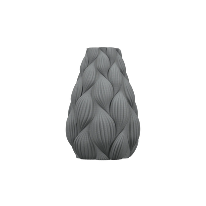 Vase gris mat avec texture ondulée en relief et forme élancée légèrement évasée vers le haut, design moderne et étanche.
