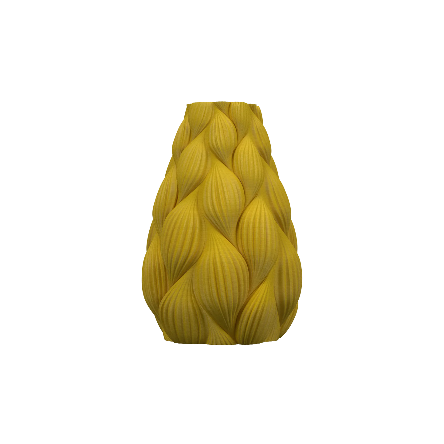 Vase jaune moutarde mat avec motif ondulé en relief couvrant toute sa surface, forme élancée légèrement conique.