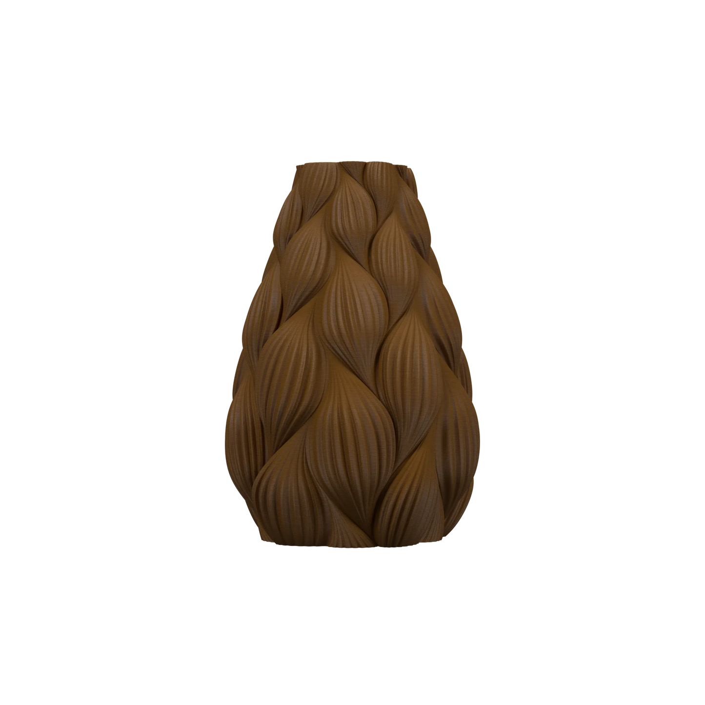 Vase marron avec surface ondulée en relief, forme élancée et base arrondie, style moderne et étanche.