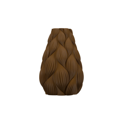 Vase marron avec surface ondulée en relief, forme élancée et base arrondie, style moderne et étanche.