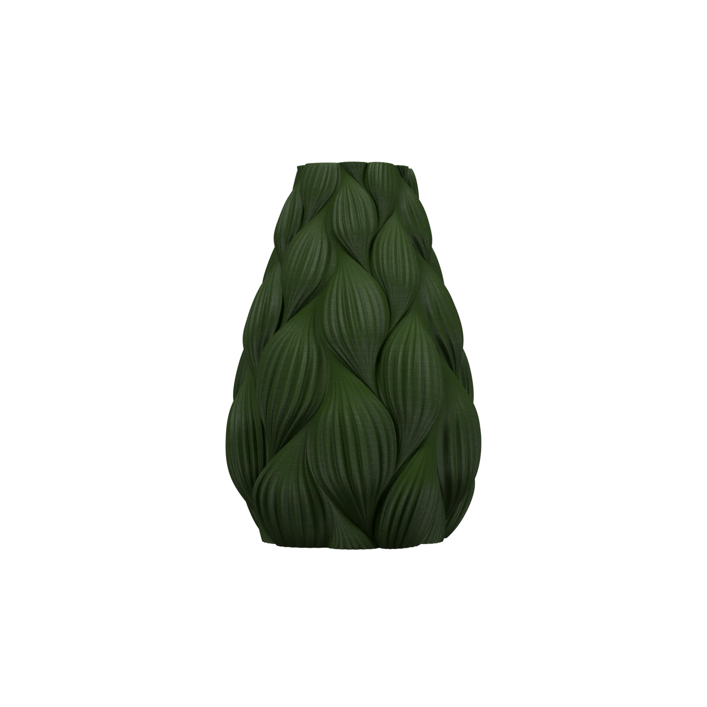 Vase vert foncé mat avec surface texturée en relief formant des motifs ondulés et organiques, forme évasée et base stable.