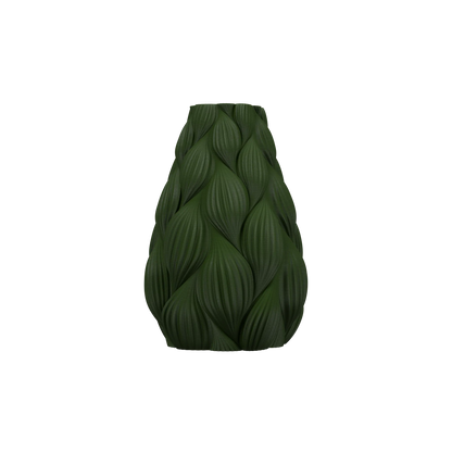Vase vert foncé mat avec surface texturée en relief formant des motifs ondulés et organiques, forme évasée et base stable.
