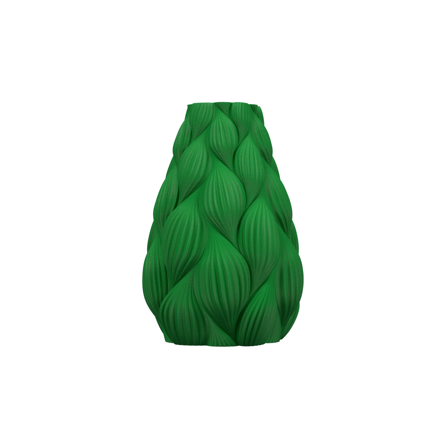Vase vert sapin à surface texturée ondulée rappelant des feuilles, forme effilée et surface mate.