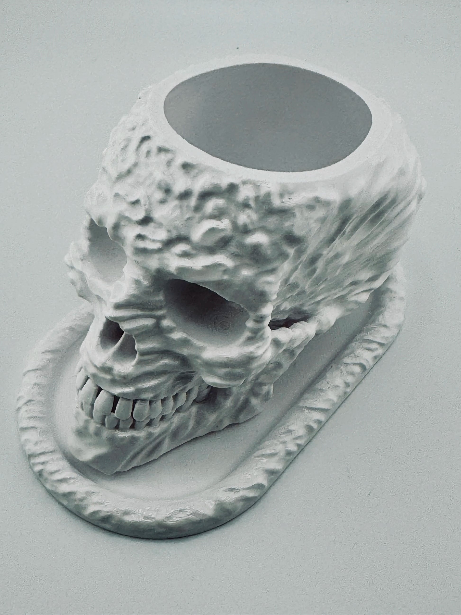 Skullplanter – pot tête de mort design avec sous-pot étanche - Pot tête de mort sculptural blanc mat avec texture organique et base géométrique contemporaine. - Gris