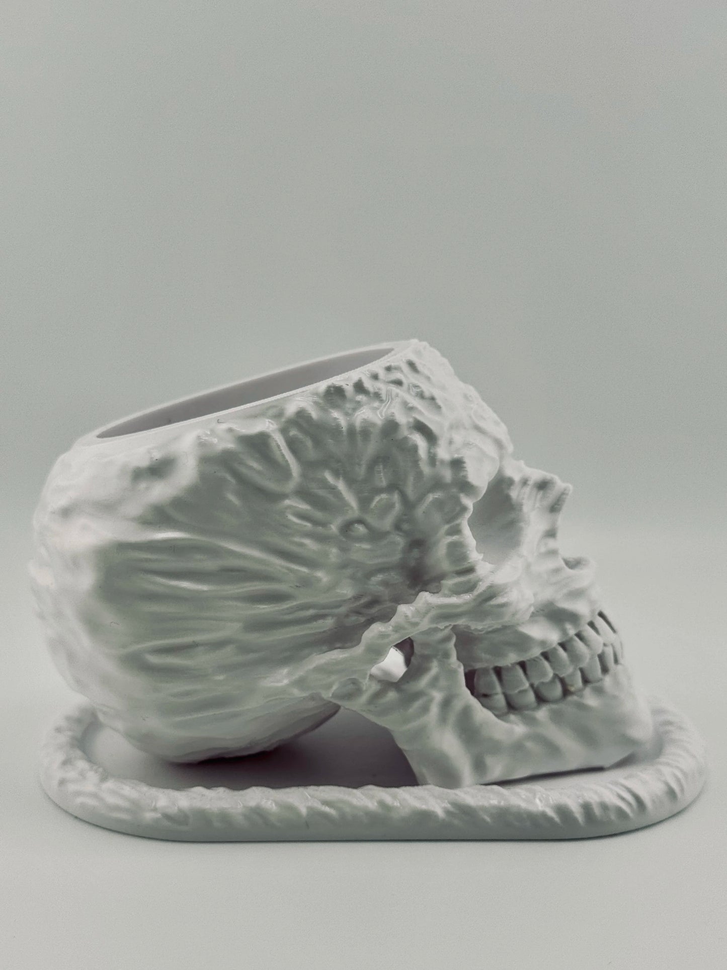 Skullplanter – pot tête de mort design avec sous-pot étanche - Pot en céramique blanche en forme de tête de mort sculpturale avec détails géométriques et sous-pot étanche intégré. - Gris